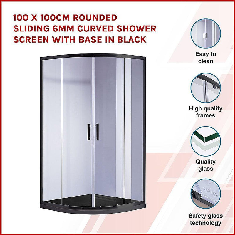 100 x 100cm Rounded Sliding 6mm Curved Shower Screen with Base in Black - John Cootes