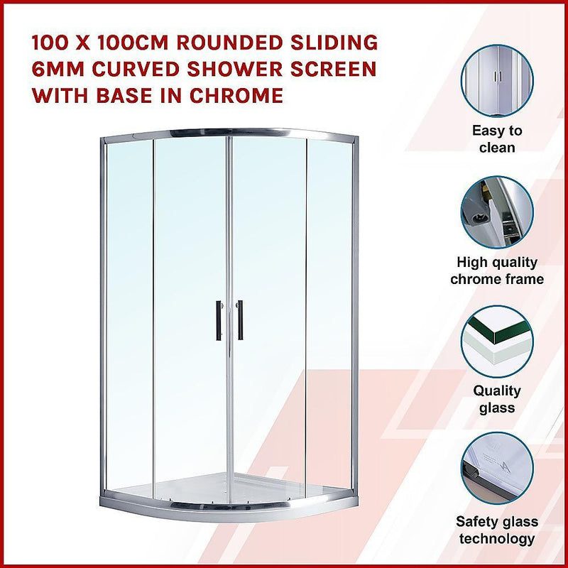 100 x 100cm Rounded Sliding 6mm Curved Shower Screen with Base in Chrome - John Cootes