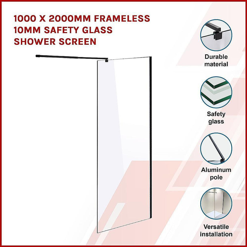 1000 x 2000mm Frameless 10mm Safety Glass Shower Screen - John Cootes