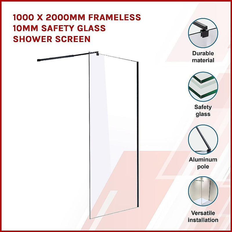 1000 x 2000mm Frameless 10mm Safety Glass Shower Screen - John Cootes