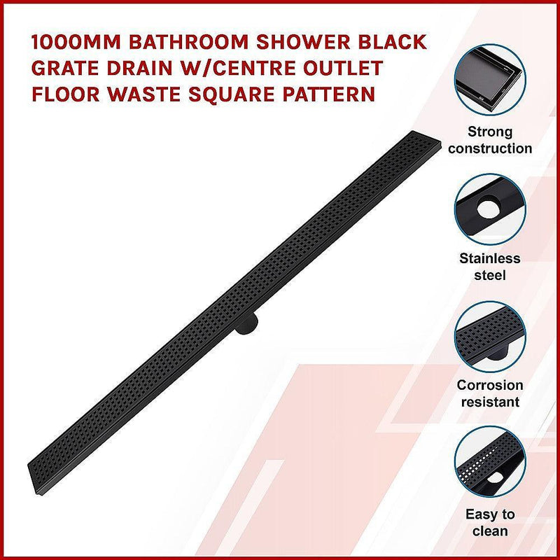 1000mm Bathroom Shower Black Grate Drain w/Centre outlet Floor Waste Square Pattern - John Cootes