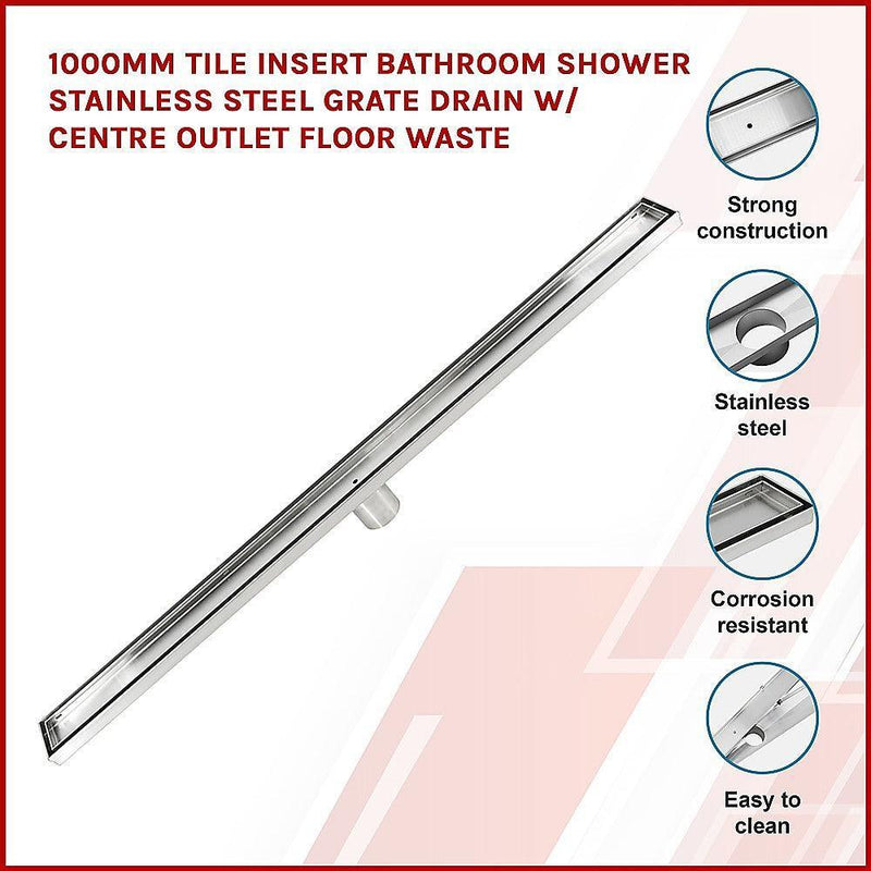 1000mm Tile Insert Bathroom Shower Stainless Steel Grate Drain w/Centre outlet Floor Waste - John Cootes