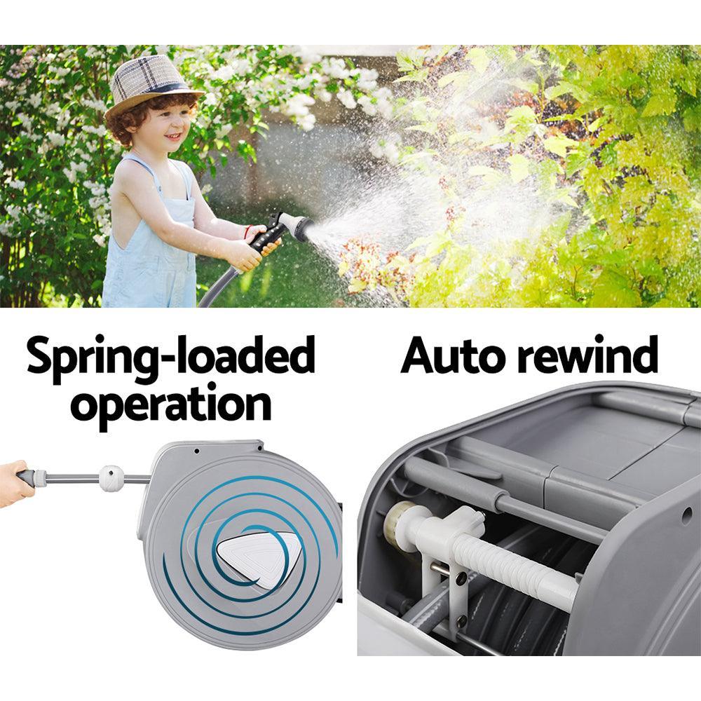 10M Retractable Water Hose Reel Garden Storage AutoRewind Spray Gun - John Cootes