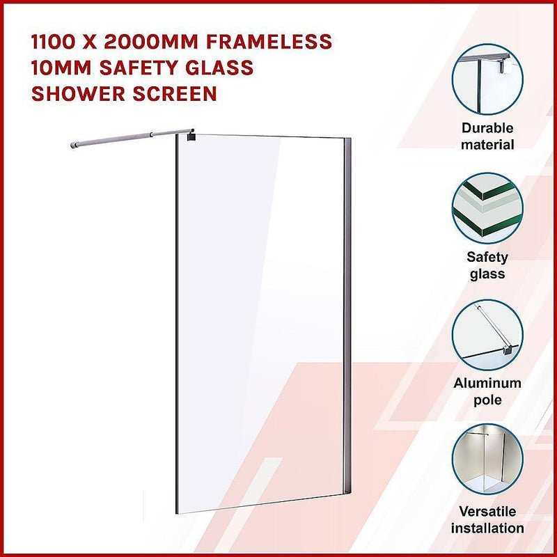 1100 x 2000mm Frameless 10mm Safety Glass Shower Screen - John Cootes
