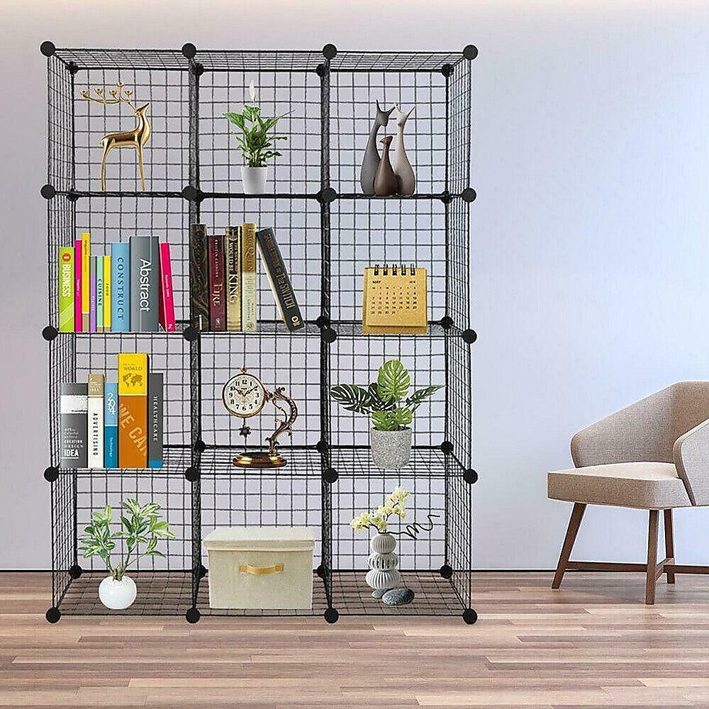 12 Cube Wire Grid Organiser Bookcase Storage Cabinet Wardrobe Closet Black - John Cootes