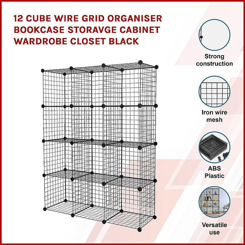 12 Cube Wire Grid Organiser Bookcase Storage Cabinet Wardrobe Closet Black - John Cootes