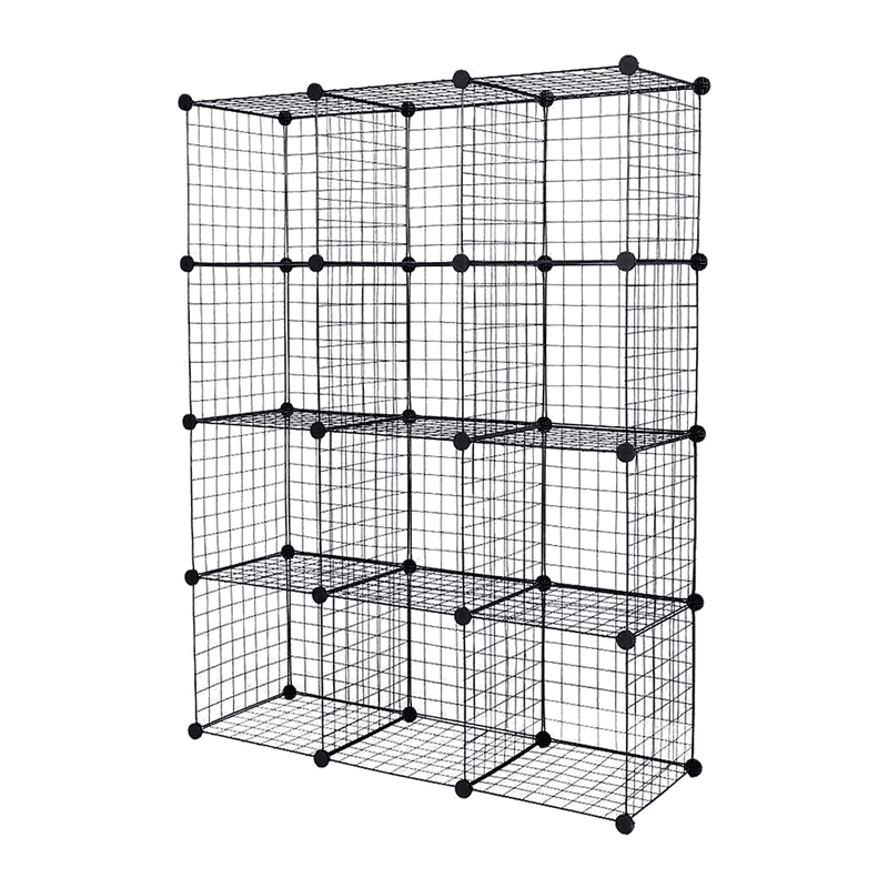 12 Cube Wire Grid Organiser Bookcase Storage Cabinet Wardrobe Closet Black - John Cootes