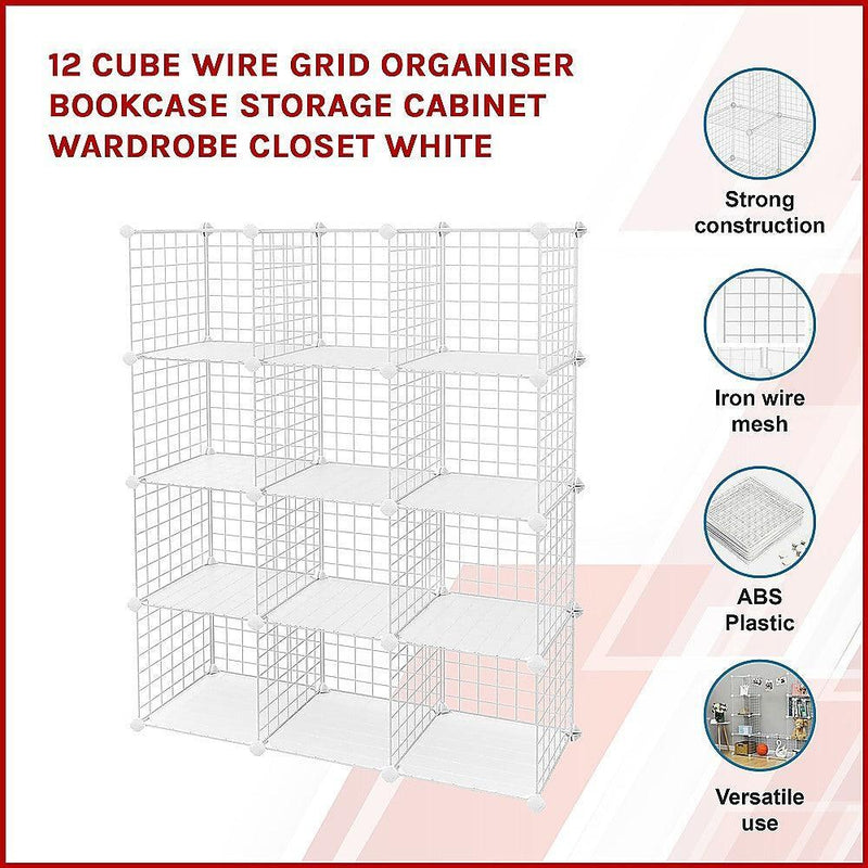 12 Cube Wire Grid Organiser Bookcase Storage Cabinet Wardrobe Closet White - John Cootes