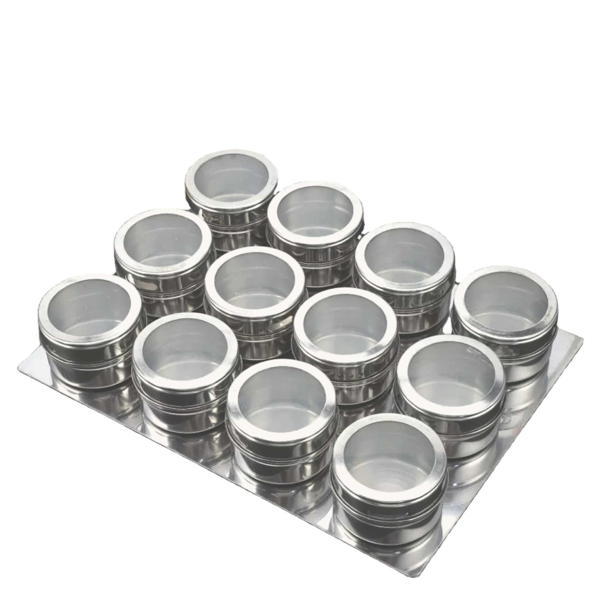 12 Magnetic Spice Jar Tins and Steel Plate - 150g Seasoning Storage Containers - John Cootes