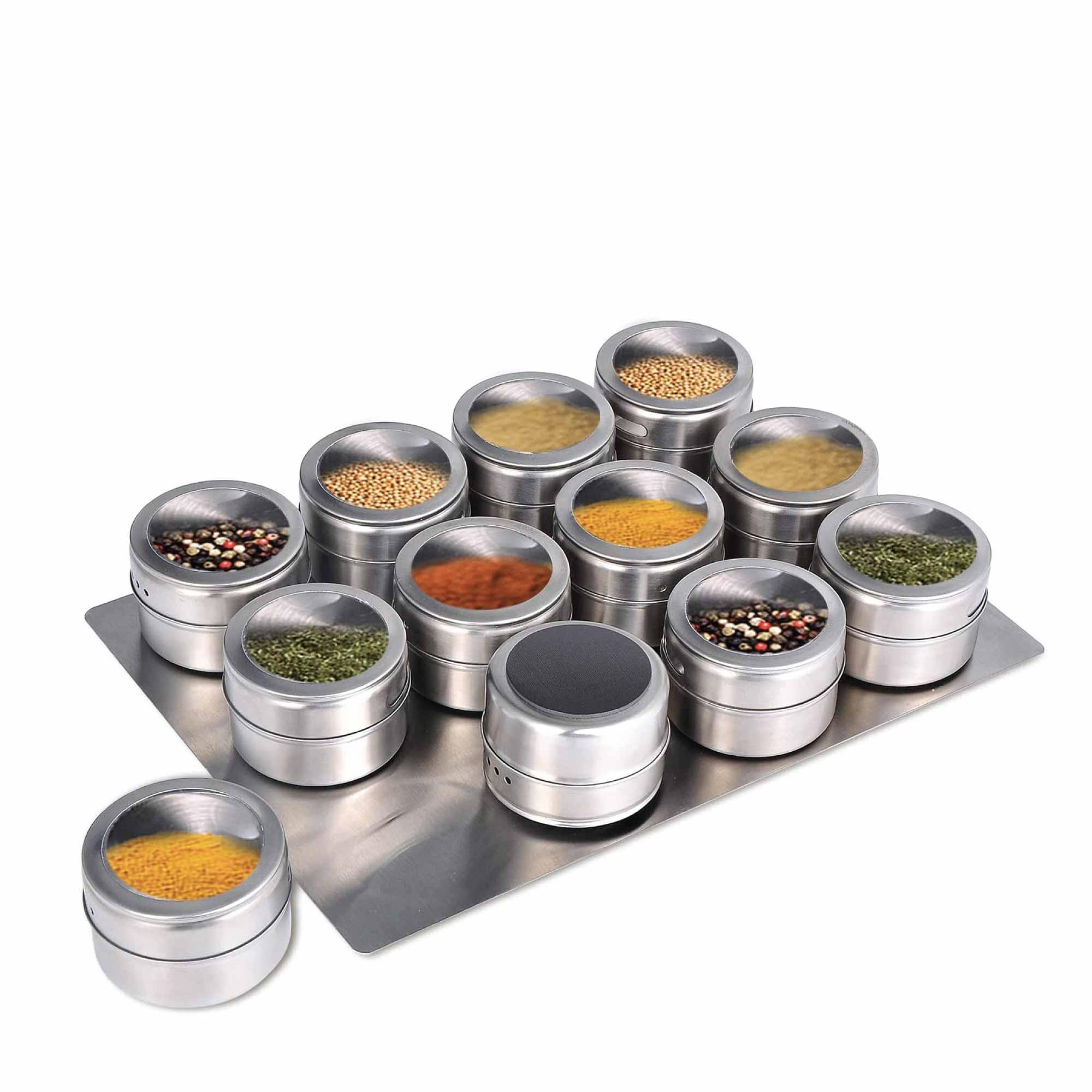 12 Magnetic Spice Jar Tins and Steel Plate - 150g Seasoning Storage Containers - John Cootes