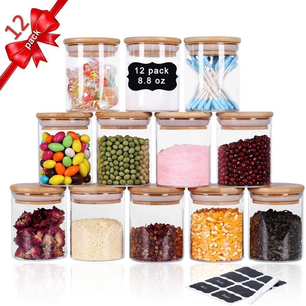 12 Pieces Glass Spice Jars for Kitchen Canisters with Airtight Bamboo Lids and Labels (250 ml) - John Cootes