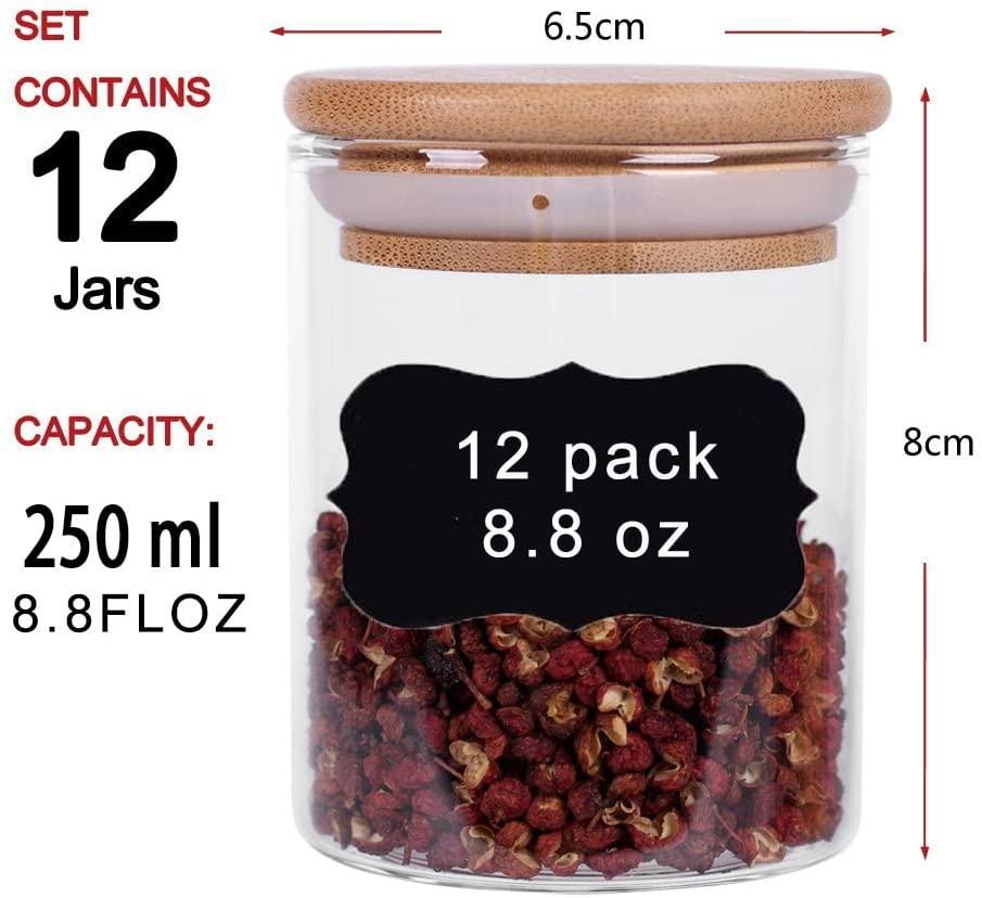 12 Pieces Glass Spice Jars for Kitchen Canisters with Airtight Bamboo Lids and Labels (250 ml) - John Cootes