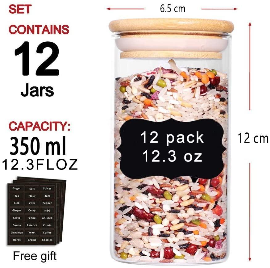 12 Pieces Glass Spice Jars for Kitchen Canisters with Airtight Bamboo Lids and Labels (350 ml) - John Cootes