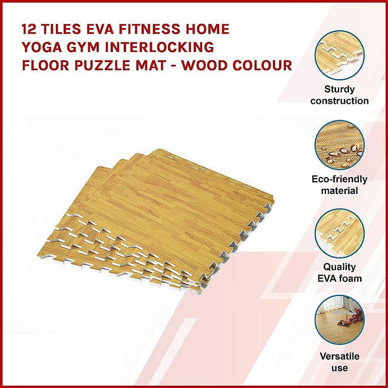 12 Tiles EVA Fitness Home Yoga Gym Interlocking Floor Puzzle Mat - Wood Colour - John Cootes