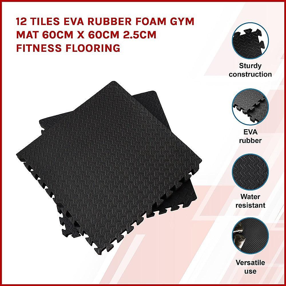 12 Tiles EVA Rubber Foam Gym Mat 60cm x 60cm 2.5cm Fitness Flooring - John Cootes