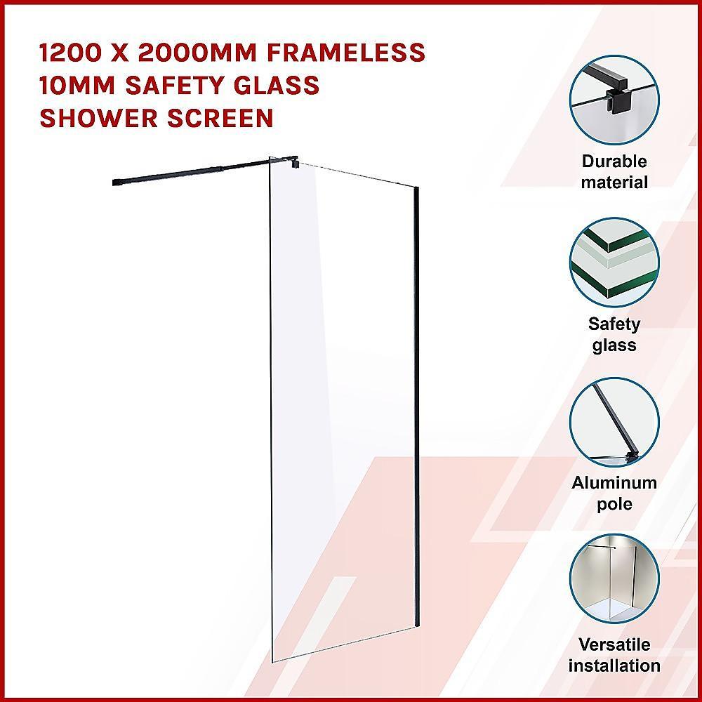 1200 x 2000mm Frameless 10mm Safety Glass Shower Screen - John Cootes