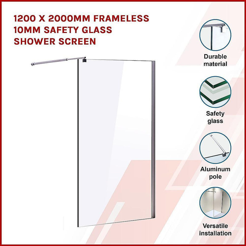 1200 x 2000mm Frameless 10mm Safety Glass Shower Screen - John Cootes