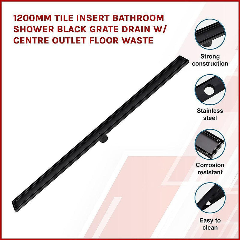1200mm Tile Insert Bathroom Shower Black Grate Drain w/Centre outlet Floor Waste - John Cootes