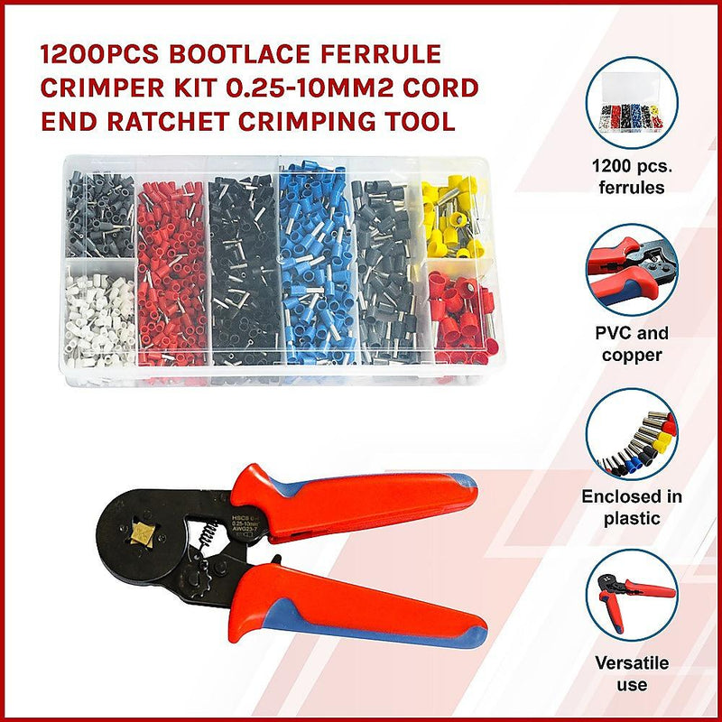 1200Pcs Bootlace Ferrule Crimper kit 0.25-10mm2 Cord End Ratchet Crimping Tool - John Cootes