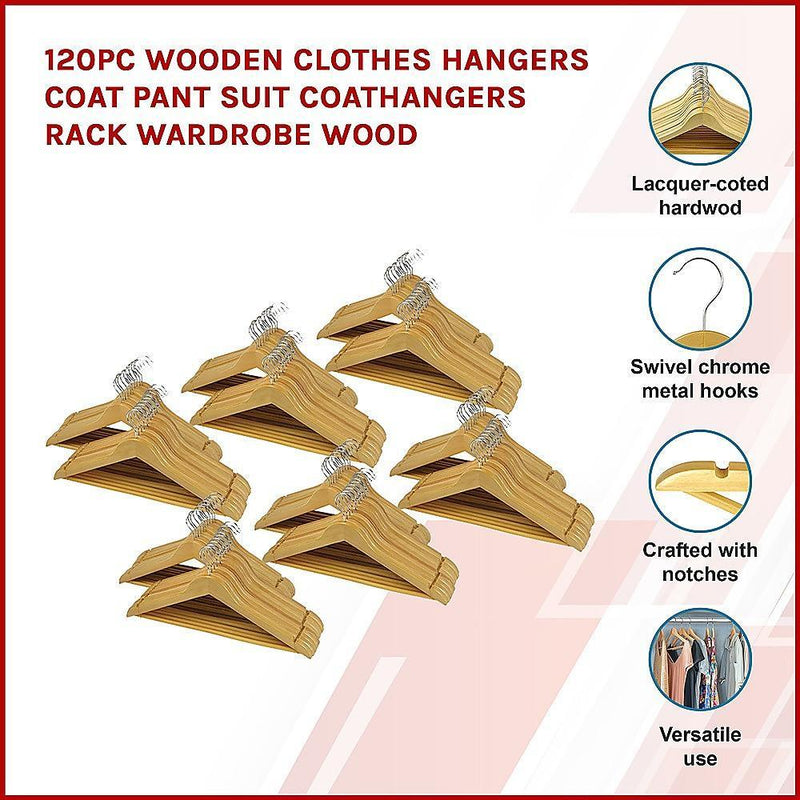 120pc Wooden Clothes Hangers Coat Pant Suit Coathangers Rack Wardrobe Wood - John Cootes