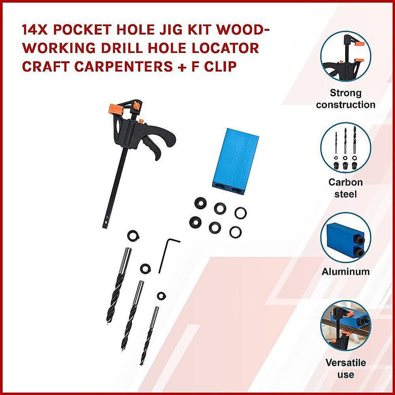 14X Pocket Hole Jig Kit Woodworking Drill Hole Locator Craft Carpenters + F Clip - John Cootes