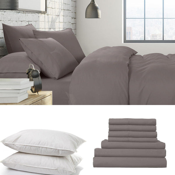 1500 Thread Count 6 Piece Combo And 2 Pack Duck Feather Down Pillows Bedding Set - King - Dusk Grey - John Cootes