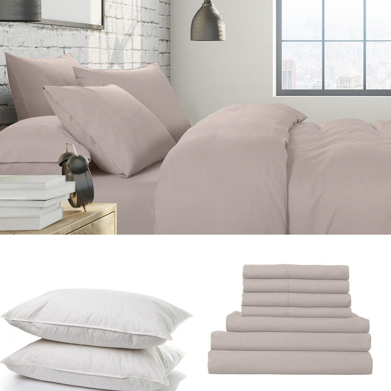 1500 Thread Count 6 Piece Combo And 2 Pack Duck Feather Down Pillows Bedding Set - Queen - Stone - John Cootes