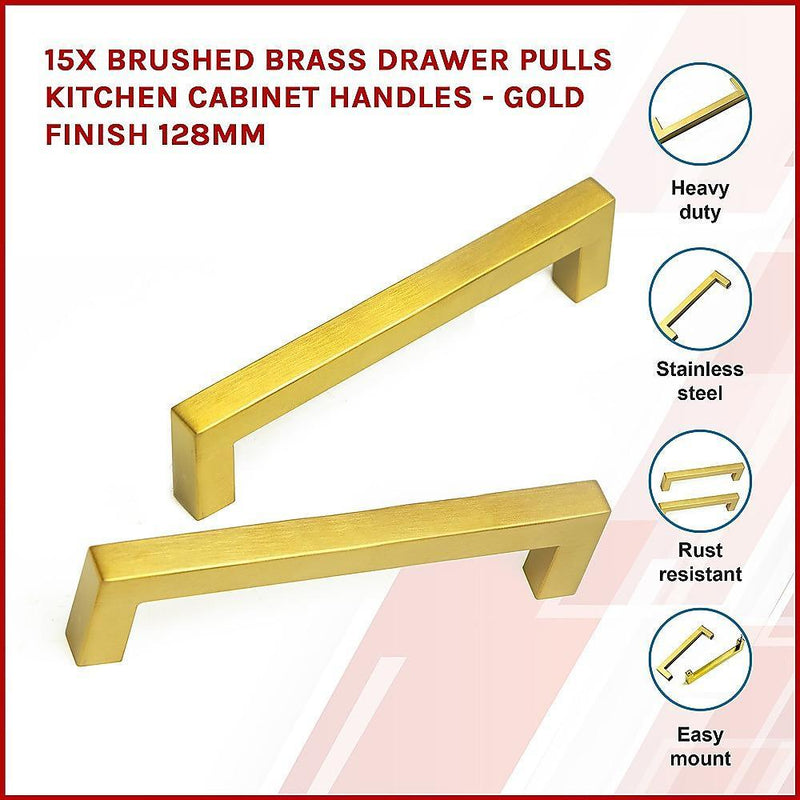 15x Brushed Brass Drawer Pulls Kitchen Cabinet Handles - Gold Finish 128mm - John Cootes