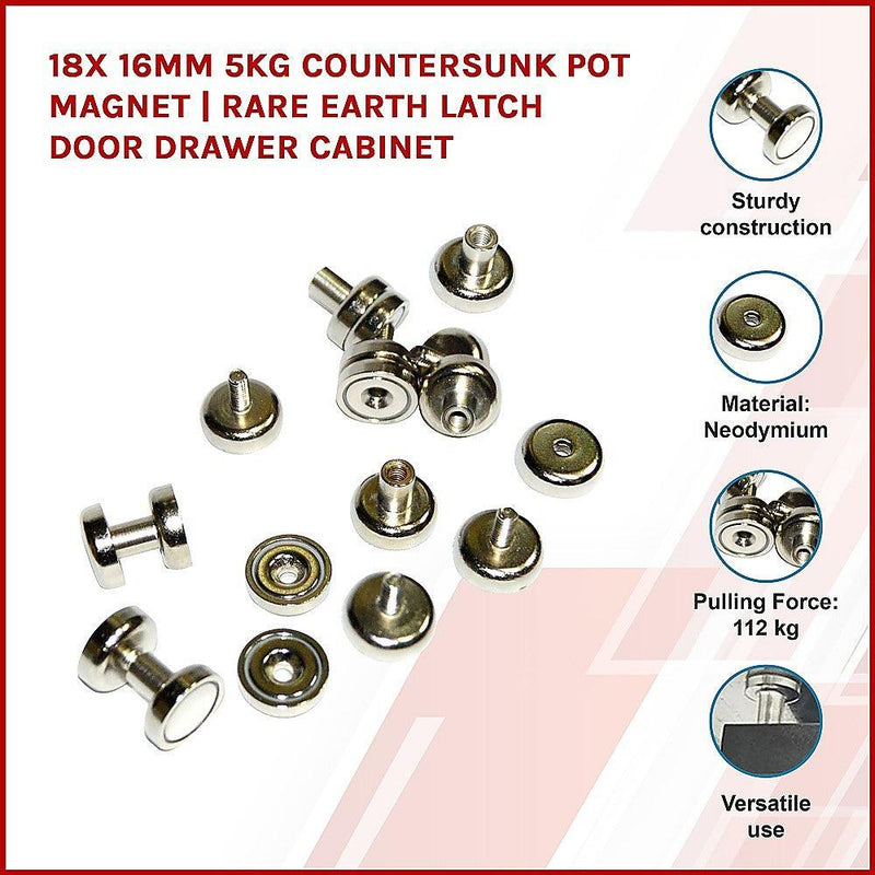 18x 16mm 5kg Countersunk Pot Magnet | Rare Earth Latch Door Drawer Cabinet - John Cootes