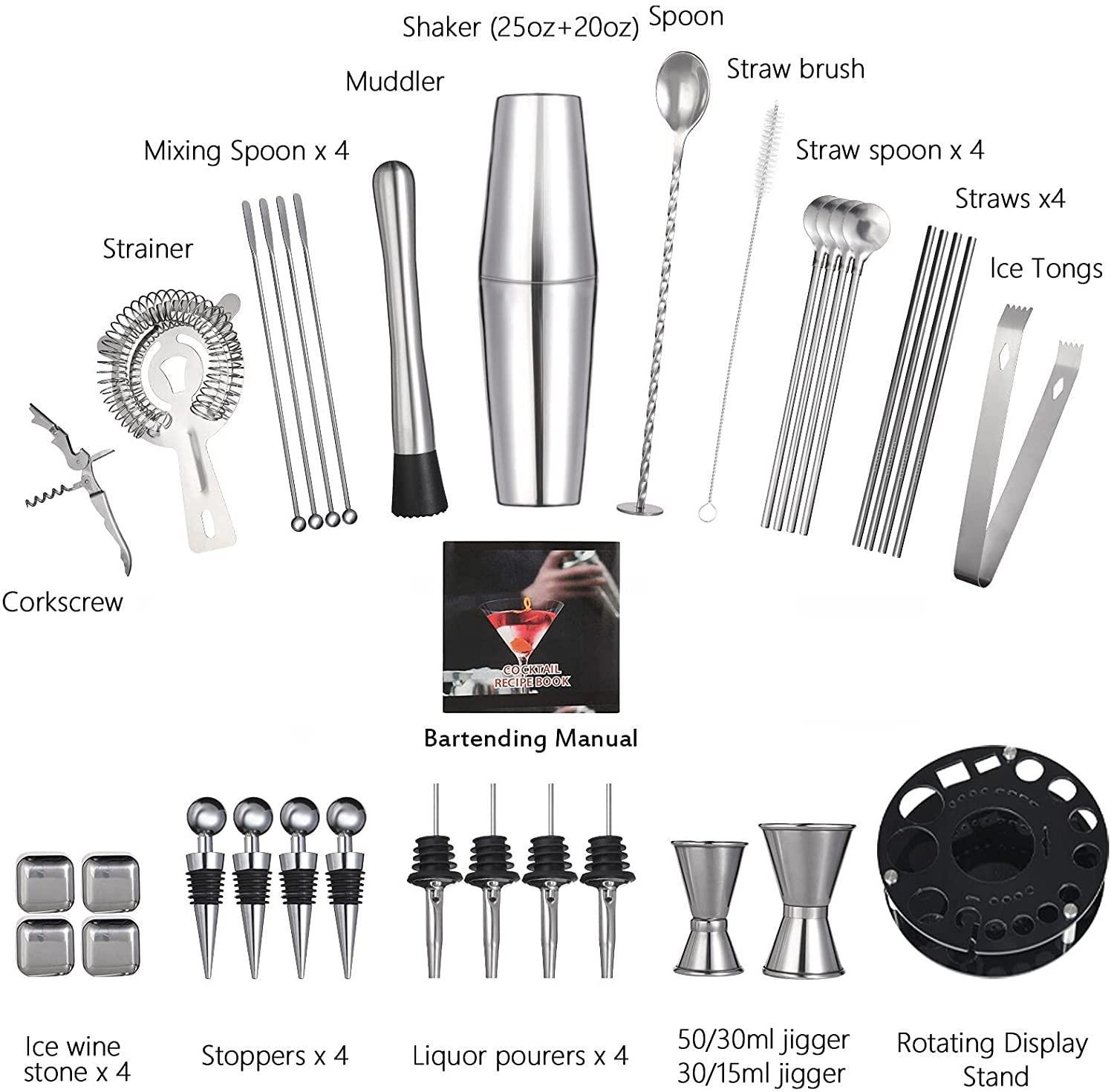 19 Pieces Cocktail Shaker Set Bartender Kit with Rotating 360 Display Stand and Professional Bar Set Tools - John Cootes