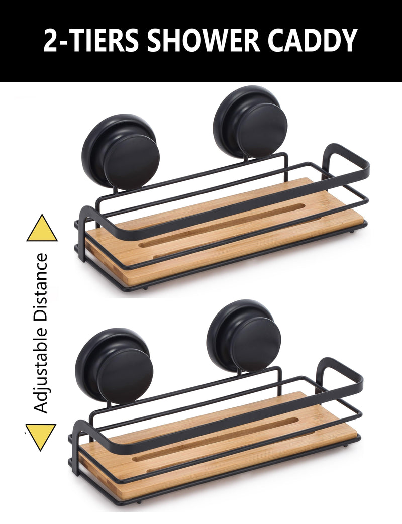 2 Pack Rectangular Bamboo Corner Shower Caddy Shelf Basket Rack with Premium Vacuum Suction Cup No-Drilling for Bathroom and Kitchen - John Cootes
