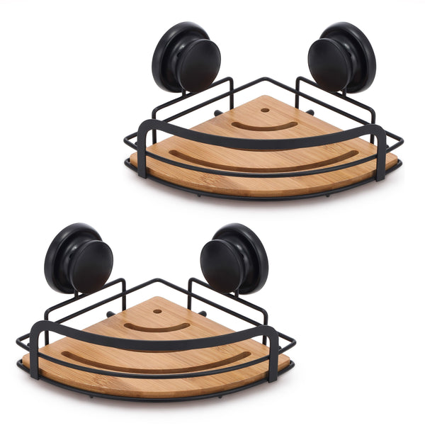 2 Pack Round Bamboo Corner Shower Caddy Shelf Basket Rack with Premium Vacuum Suction Cup No-Drilling for Bathroom and Kitchen - John Cootes