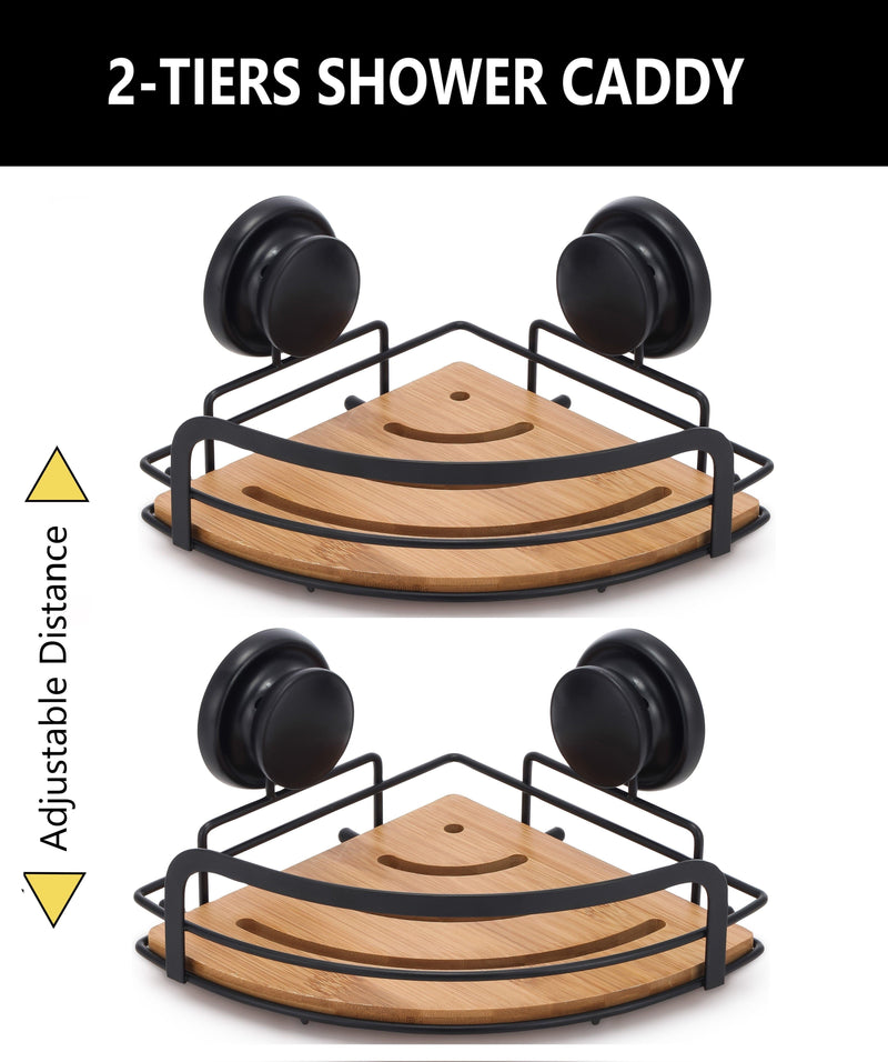 2 Pack Round Bamboo Corner Shower Caddy Shelf Basket Rack with Premium  Vacuum Suction Cup No-Drilling for Bathroom and Kitchen