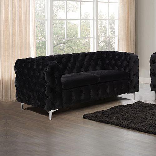 2 Seater Sofa Classic Button Tufted Lounge in Black Velvet Fabric with Metal Legs - John Cootes