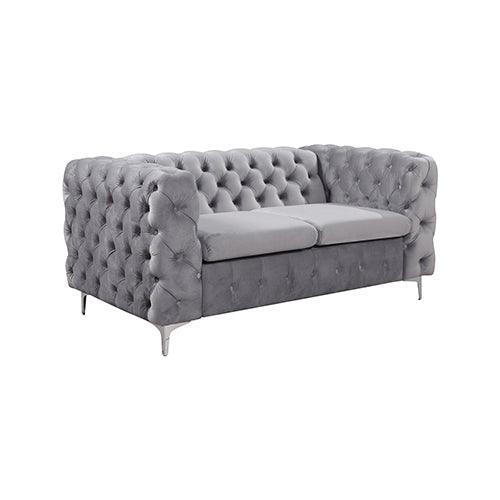 2 Seater Sofa Classic Button Tufted Lounge in Grey Velvet Fabric with Metal Legs - John Cootes