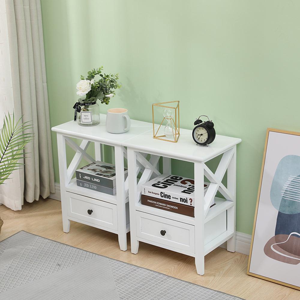 2-tier Bedside Table with Storage Drawer 2 PC &#8211; Rustic White - John Cootes