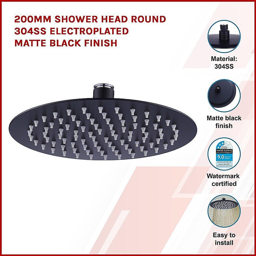 200mm Shower Head Round 304SS Electroplated Matte Black Finish - John Cootes