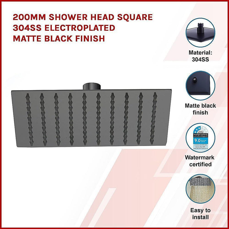 200mm Shower Head Square 304SS Electroplated Matte Black Finish - John Cootes
