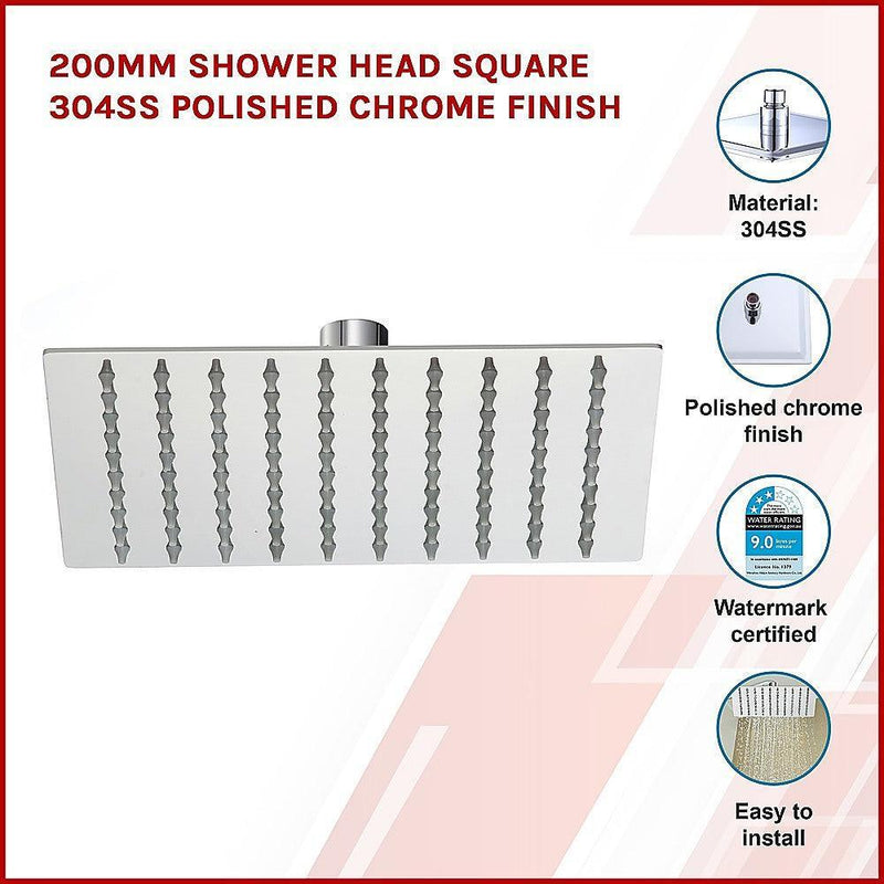 200mm Shower Head Square 304SS Polished Chrome Finish - John Cootes