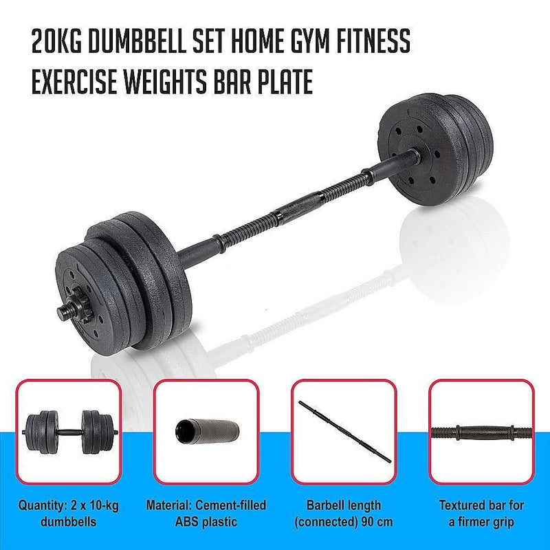 20kg Dumbbell Set Home Gym Fitness Exercise Weights Bar Plate - John Cootes
