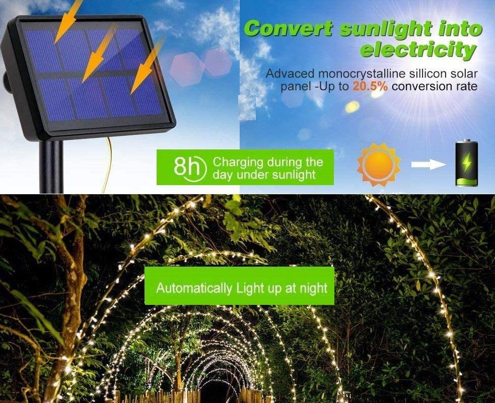 20m 200 LED Solar Powered Outdoor Lights with 8 Lighting Modes and Waterproof for Home,Garden and Decoration - John Cootes