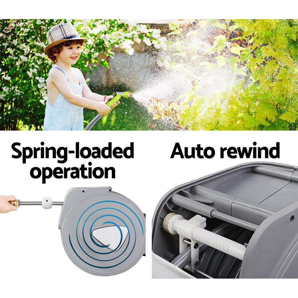 20M Retractable Water Hose Reel Garden Storage AutoRewind Spray Gun - John Cootes