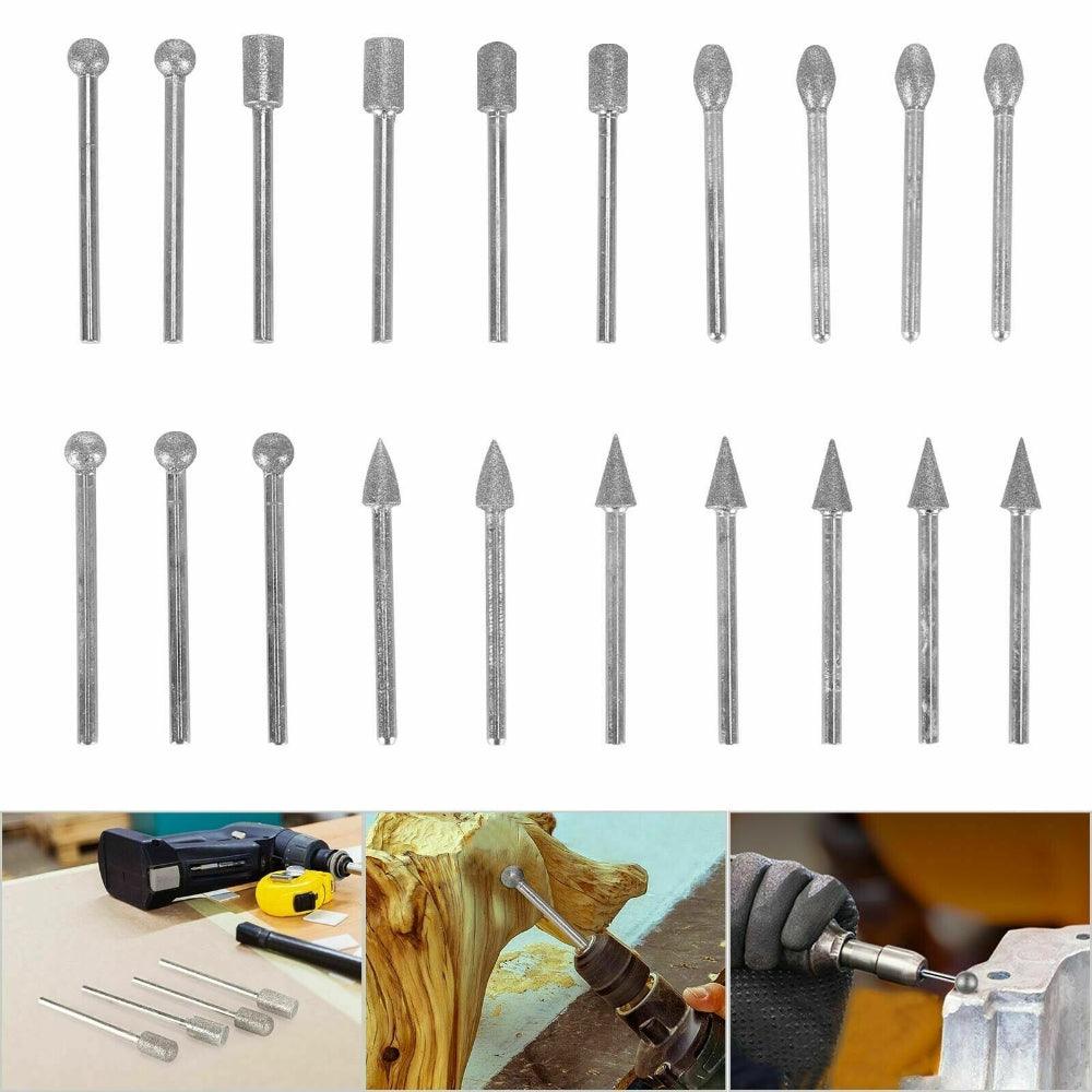 20pcs Diamond Grinding Heads Mini Drill Burrs Bit Set 3mm Shank for Rotary Tool - John Cootes