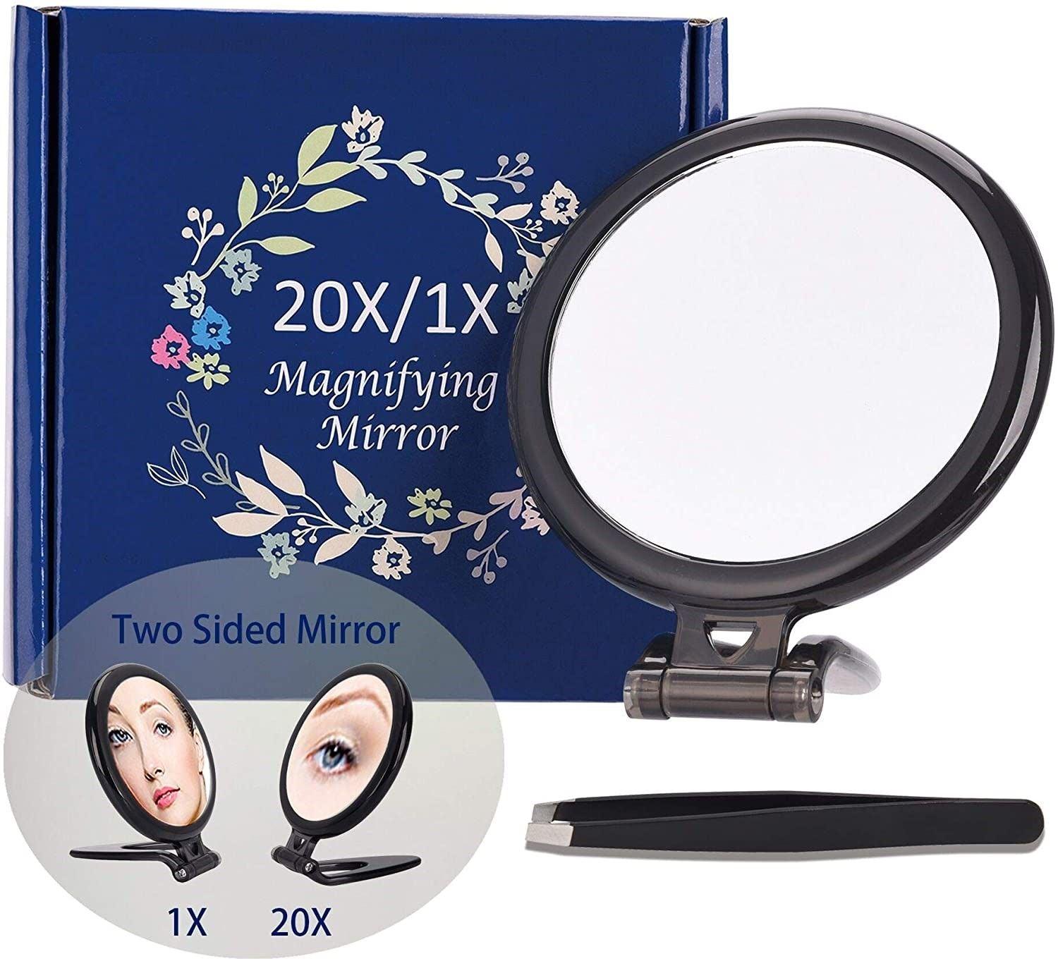 20X Magnifying Hand Mirror Two Sided Use for Makeup Application, Tweezing, and Blackhead/Blemish Removal (10 cm Black) - John Cootes