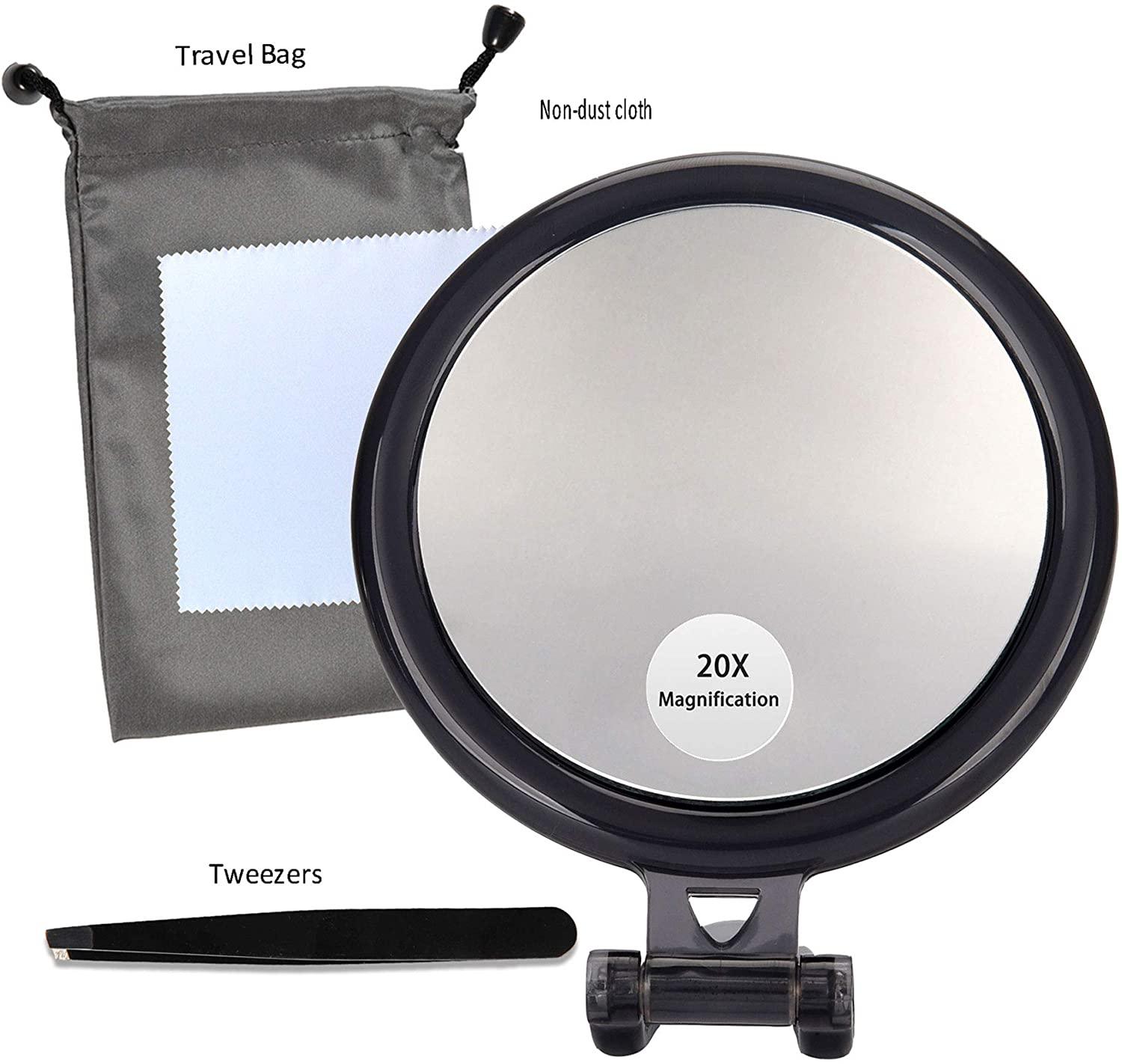 20X Magnifying Hand Mirror Two Sided Use for Makeup Application, Tweezing, and Blackhead/Blemish Removal (10 cm Black) - John Cootes
