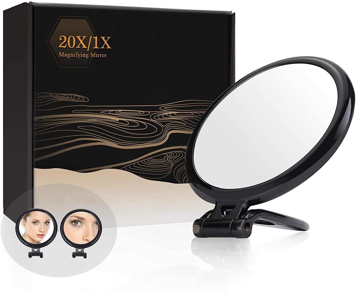 20X Magnifying Hand Mirror Two Sided Use for Makeup Application, Tweezing, and Blackhead/Blemish Removal (12.5 cm Black) - John Cootes