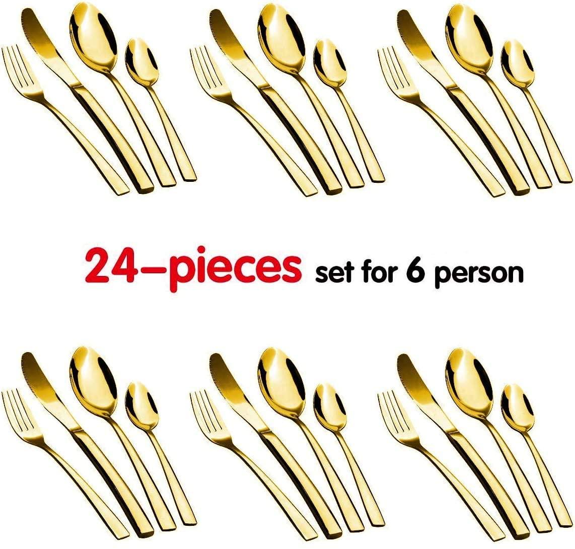 24-Piece Stainless Steel Gold Set, Knife Fork Spoon Flatware Set Cutlery Set, Mirror Finish - John Cootes