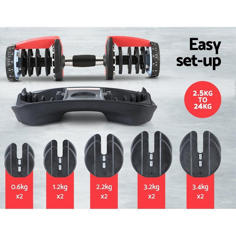 24kg Adjustable Dumbbell Dumbbells Weight Plates Home Gym Fitness Exercise - John Cootes