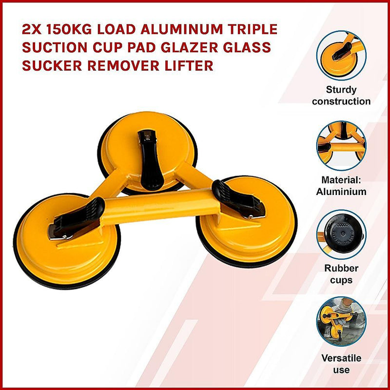 2x 150kg Load Aluminum Triple Suction Cup Pad Glazer Glass Sucker Remover Lifter - John Cootes