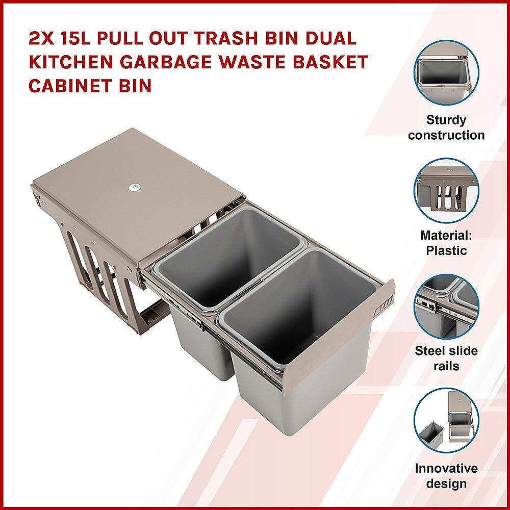 2x 15L Pull Out Trash Bin Dual Kitchen Garbage Waste Basket Cabinet Bin - John Cootes